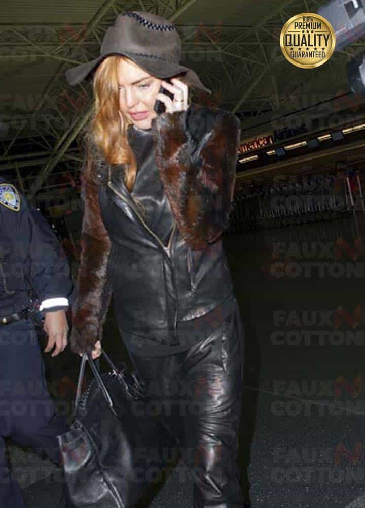 lindsay lohan fur sleeve leather jacket